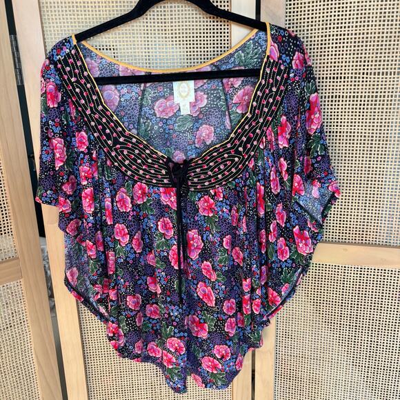 Anthropologie Ric Rac Blouse Women Small Black Pink Floral Flutter Sleeve Top - Picture 3 of 7